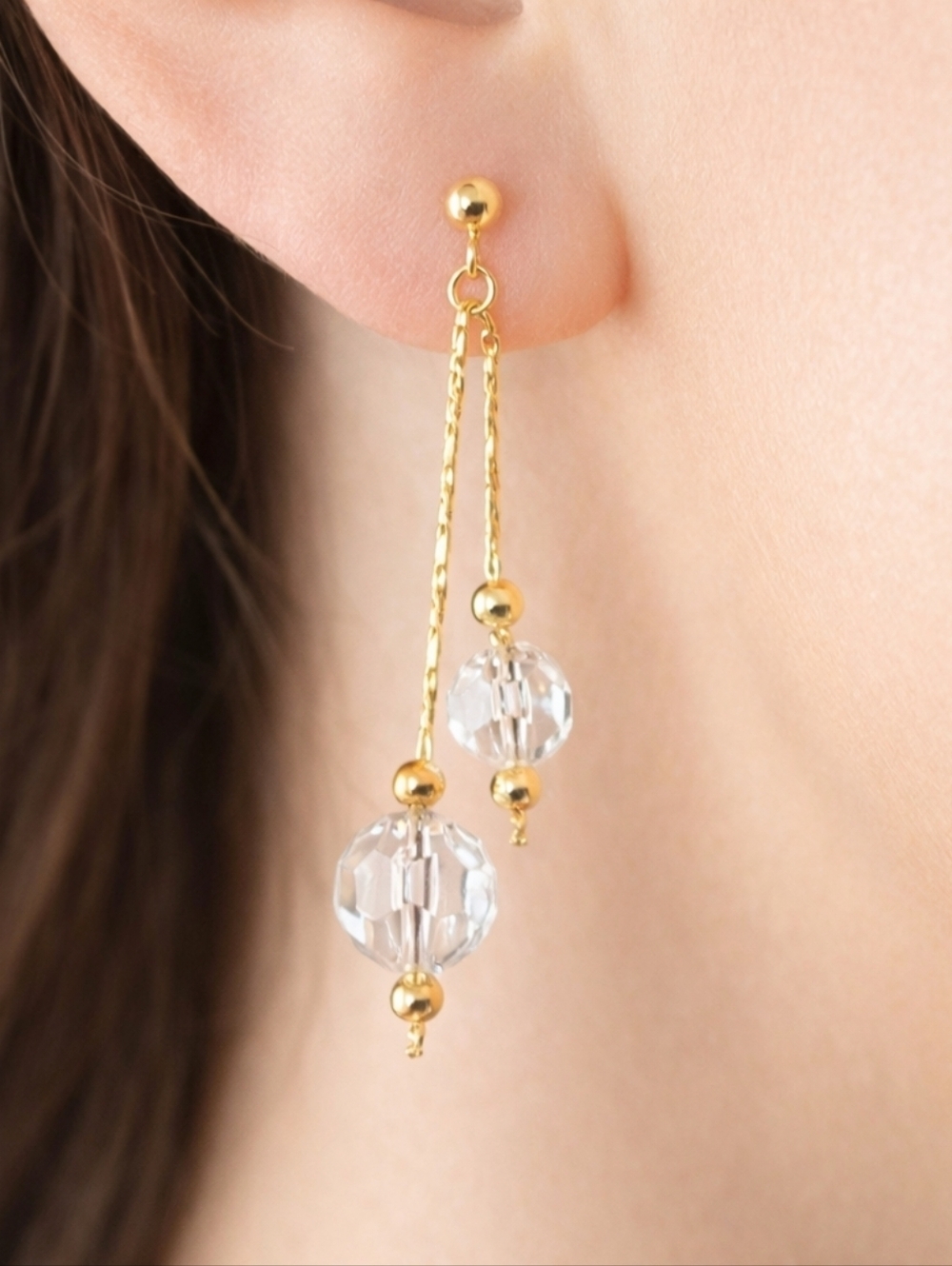 Clear Acrylic Beads Drop Earrings w/ Gold-tone Fringe Chain Dangle Chic Jewelry